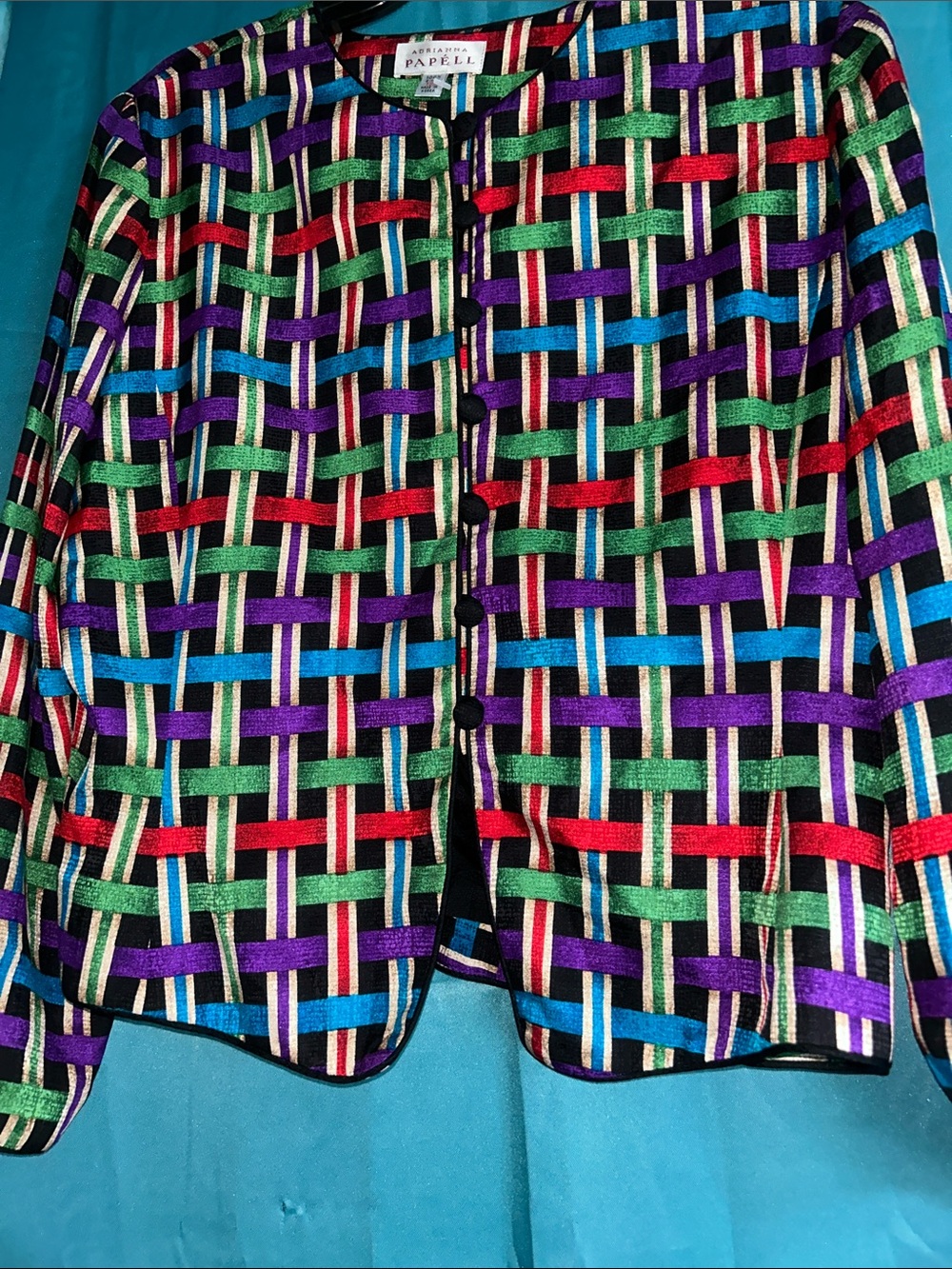 Vintage Adriana Papell 100%silk multi color pattern jacket Ptp 21” - Picture 5 of 6